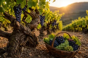 Videira centenária de tronco retorcido em um vinhedo iluminado pelo pôr do sol, com cachos de uvas maduras pendendo dos galhos e um cesto de colheita repleto de diferentes variedades de uvas. A paisagem transmite a riqueza das castas patrimoniais e a tradição preservada nos vinhedos históricos