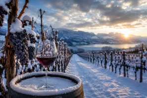 Taça de vinho tinto sobre barril coberto de neve em vinhedo de inverno, com montanhas ao fundo e fileiras de videiras congeladas em uma das regiões mais frias do mundo do vinho