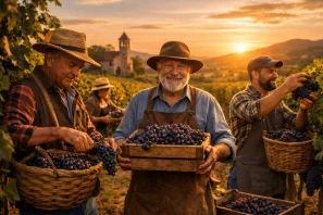 Vinhateiros brasileiros colhendo uvas ao pôr do sol, em meio a fileiras de parreiras douradas pela luz. O céu alaranjado e o campanário de uma igreja histórica ao fundo evocam tradição e fé. As expressões dos trabalhadores revelam orgulho e dedicação, simbolizando gerações que moldaram a vitivinicultura nacional. 