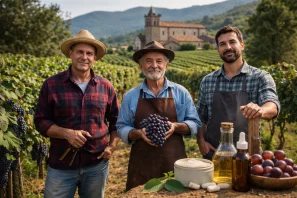 Três vinhateiros brasileiros em um vinhedo ensolarado, cercados por fileiras de parreiras carregadas de uvas maduras.Ao fundo, um igreja de pedra histórica com torre de sino, evocando a tradição e a herança cultural. Os vinhateiros, de diferentes gerações, aparecem com ferramentas de trabalho e cachos de uvas, simbolizando o esforço coletivo que moldou a vitivinicultura nacional.