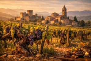 Vinhedos antigos com videiras retorcidas e uvas maduras diante de vilarejo medieval com castelo e igreja, sob luz dourada do entardecer