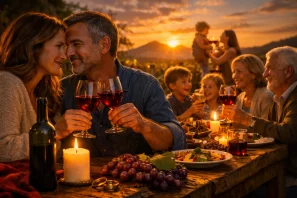 família multigeracional reunida ao redor de uma mesa rústica ao entardecer, celebrando com taças de vinho e luz de velas. O casal em primeiro plano brinda com olhares cúmplices, enquanto ao fundo os avós sorriem e as crianças riem, iluminadas pelo pôr do sol sobre o vinhedo. A cena transmite calor, união e gratidão, simbolizando como o vinho conecta gerações e transforma momentos simples em eternos. Vinho, Fortalece o Casal, o Amor, a Família...