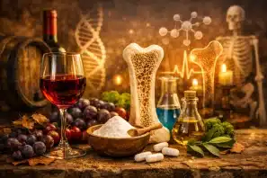 Taça de vinho tinto ao lado de modelo de osso e colágeno em pó, com elementos científicos ao fundo, simbolizando a relação entre vinho e longevidade óssea