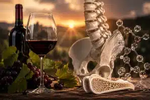 Taça de vinho tinto ao lado de uvas, estrutura óssea e representação molecular em cenário iluminado pelo pôr do sol, simbolizando pesquisas sobre compostos bioativos do vinho e saúde óssea.