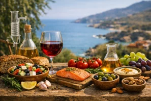 Taça de vinho tinto em destaque. Azeite dourado, salmão grelhado, salada grega, tomates, azeitonas, nozes e pão integral, representando os pilares da dieta mediterrânea. Ao fundo, o mar azul e colinas ensolaradas, evocando o clima típico da região. A composição transmite tanto o prazer gastronômico quanto a dimensão científica e saudável desse estilo alimentar.