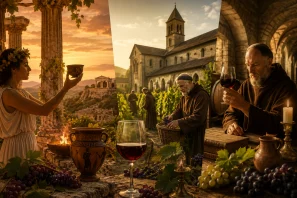 Cena composta que une a cultura do vinho na Antiguidade e na Idade Média: à esquerda, ambiente greco-romano com mulher segurando taça entre colunas e cerâmicas clássicas; à direita, monges em pátio medieval colhem uvas e analisam o vinho, simbolizando a continuidade histórica das tradições vitivinícolas. inho e Espiritualidade na Antiguidade: Dos Templos Gregos aos Mosteiros Europeus
