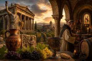 Cena histórica que combina elementos da Antiguidade e da vida monástica: mesa com uvas, pão e cálice ornamentado em primeiro plano; monge trabalhando com barril de vinho; ao fundo, templo com colunas e estátua clássica, além de igreja iluminada pelo sol poente, simbolizando a continuidade espiritual do vinho entre eras.