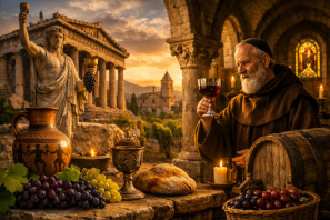 À esquerda, o templo grego iluminado pelo pôr do sol, com a estátua de Dionísio segurando uvas e um cálice — evocando os rituais sagrados da Antiguidade.À direita, um monge medieval contempla o vinho em um cálice prateado, dentro de um mosteiro de pedra, cercado por barris e candelas acesas. O centro da cena une os dois mundos, mostrando uvas e artefatos antigos como elo entre fé, cultura e tempo.