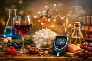 Taça de vinho tinto ao lado de um medidor de glicose com leitura de 98 mg/dL e um pequeno recipiente com cubos de açúcar, simbolizando o equilíbrio metabólico. Ao redor, frutas vermelhas, uvas e azeite, representando os antioxidantes naturais do vinho e da dieta saudável. Ao fundo, frascos de laboratório com líquidos coloridos e estruturas moleculares translúcidas de glicose e etanol, sugerindo os mecanismos bioquímicos do metabolismo.