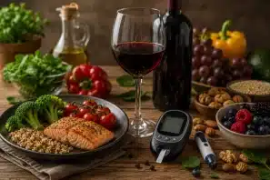 Taça de vinho tinto ao lado de uma refeição equilibrada composta por salmão grelhado, quinoa, brócolis, tomates, frutas vermelhas, nozes e vegetais frescos, acompanhada por um medidor de glicose, simbolizando a relação entre alimentação saudável, metabolismo da glicose e saúde cardiometabólica.