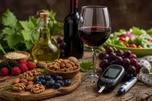 Taça de vinho tinto ao lado de alimentos frescos e naturais, como frutas, vegetais, grãos integrais e oleaginosas, em ambiente iluminado e acolhedor, simbolizando o equilíbrio entre nutrição, metabolismo da glicose e estilo de vida saudável. Vinho e Metabolismo da Glicose: Impactos Potenciais no Controle Metabólico