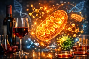 Taça de vinho tinto ao lado de mitocôndrio luminoso e moléculas antioxidantes, representando energia celular e longevidade. Vinho e Saúde Mitocondrial: Energia Celular, Antioxidantes e os Segredos da Longevidade