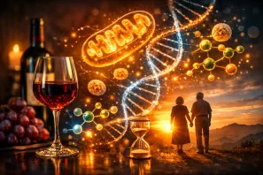 Taça de vinho tinto ao lado de mitocôndrias luminosas, DNA e casal idoso ao pôr do sol, simbolizando energia celular, antioxidantes e longevidade.