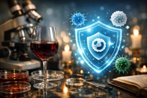 um pesquisador analisando compostos do vinho em laboratório