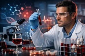 Pesquisador em laboratório examinando tubo de ensaio com vinho tinto, rodeado de equipamentos científicos e hologramas moleculares, simbolizando estudos sobre sistema imunológico