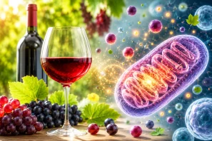 Taça de vinho tinto iluminada por luz dourada ao lado de cachos de uvas maduras, com representação artística de mitocôndrias brilhantes e estruturas celulares ao fundo. A composição simboliza a relação entre os compostos bioativos do vinho, a produção de energia celular, os antioxidantes naturais e os processos associados à longevidade e à saúde mitocondrial