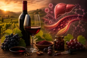 Composição sofisticada que une vinho e ciência da saúde metabólica, com uma taça de vinho tinto, garrafa, cachos de uvas escuras e folhas de videira sobre uma mesa rústica diante de um vinhedo iluminado pelo pôr do sol. Ao lado, ilustrações científicas de vasos sanguíneos, moléculas e um fígado simbolizam as pesquisas sobre metabolismo lipídico, polifenóis e compostos bioativos do vinho. A cena transmite equilíbrio entre tradição vinícola, bem-estar, longevidade e descoberta científica. Vinho e Metabolismo Lipídico: O Que Estudos Europeus Revelam