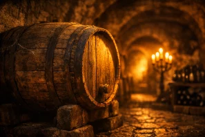 Barrica de vinho antiga iluminada por luz dourada em adega de pedra, simbolizando o silêncio e o envelhecimento invisível do vinho