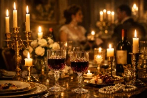 Jantar aristocrático com taças de vinho e luz de velas sobre mesa refinada, evocando tradição, elegância e o encanto do vinho ao longo dos séculos