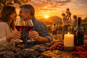 Um casal brinda com taças de vinho tinto, envolto pela luz dourada do entardecer, representando o amor e a cumplicidade. Sobre a mesa, há alianças, uma vela acesa e uvas, evocando união, fé e continuidade. Ao fundo, uma família brinca entre as videiras, simbolizando a força dos laços e a celebração da vida. Vinho, Fortalece o Casal, o Amor, a Família...