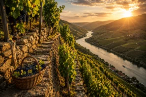 Vinhedo em terraços de pedra sobre encostas íngremes do Vale do Douro ao pôr do sol, com cachos de uvas maduras e um cesto de colheita em primeiro plano. Ao fundo, o rio serpenteia entre montanhas cobertas por vinhas, retratando a beleza e os desafios da viticultura heroica.