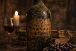 Garrafa antiga de Château Margaux 1787 sobre mesa de madeira, ao lado de vela acesa e taça de vinho, em ambiente iluminado por luz dourada
