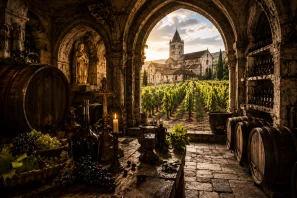 Adega monástica histórica iluminada pela luz dourada do entardecer, com antigos barris de carvalho, garrafas de vinho, velas e utensílios tradicionais em primeiro plano. Ao fundo, uma imponente abadia medieval de pedra cercada por extensos vinhedos europeus simboliza o papel da Igreja na preservação dos grandes vinhos, dos terroirs históricos e da cultura vitivinícola da Europa.