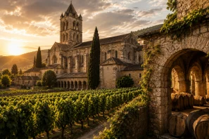 Antiga abadia medieval de pedra cercada por extensos vinhedos europeus ao entardecer, com arquitetura românica preservada, muros históricos e colinas cobertas por videiras. A cena destaca o papel das instituições religiosas na conservação dos grandes vinhos europeus e na preservação dos terroirs ao longo dos séculos.