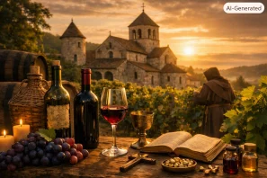 Mesa rústica com garrafas e taças de vinho diante de mosteiro europeu ao pôr do sol, com monge cuidando das videiras e taça dourada ao lado de livro antigo e crucifixo