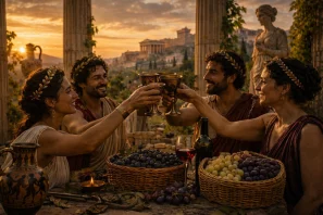 Quatro pessoas em trajes greco-romanos brindando com cálices de vinho ao pôr do sol, entre ruínas clássicas e colunas antigas