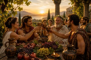 Banquete inspirado nas civilizações da Grécia e Roma antigas, com participantes brindando com vinho entre uvas, frutas, vasos cerimoniais e arquitetura clássica ao entardecer. A imagem simboliza a origem do brinde, os rituais do vinho e as tradições sociais das antigas culturas mediterrâneas. A Origem do Brinde: O Ritual do Vinho nas Civilizações Antigas