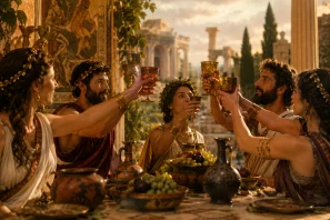 Grupo de homens e mulheres das civilizações greco-romanas erguendo taças de vinho em um brinde coletivo durante um banquete ao entardecer, cercados por colunas clássicas, cerâmicas antigas, uvas e arquitetura monumental, simbolizando a origem do ritual do brinde e a importância do vinho na vida social e religiosa da Antiguidade.