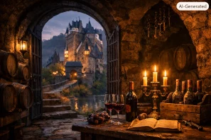 Interior de uma adega medieval iluminada por velas, com garrafas e barris antigos em primeiro plano, vista através de um arco de pedra para um castelo europeu ao entardecer, cercado por névoa e refletido em um rio tranquilo.