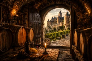 Castelo medieval europeu construído em pedra sobre uma colina, cercado por vinhedos ao pôr do sol. Em primeiro plano, uma antiga adega de arcos de pedra com barris de carvalho, garrafas envelhecendo e uma taça de vinho tinto, simbolizando as adegas centenárias que preservam a tradição vinícola e os segredos históricos dos grandes castelos europeus. Castelos Europeus e Seus Vinhos Secretos: Histórias Reais de Adegas Centenárias