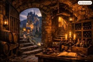 Adega subterrânea medieval iluminada por velas, com barris e garrafas antigas em primeiro plano, vista através de um arco de pedra para um castelo europeu ao luar, cercado por névoa e refletido em um rio tranquilo.