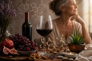 Mulher madura contemplando uma taça de vinho tinto em um terraço com vista para um vinhedo ao entardecer, cercada por plantas aromáticas e frutas frescas, em um ambiente que transmite serenidade, equilíbrio e bem-estar.