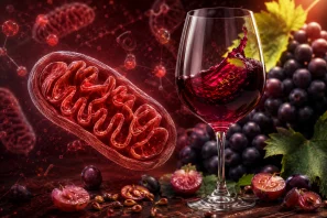 Ilustração de uma célula destacando mitocôndrias em tons dourados e avermelhados, representando a produção de energia celular, cercadas por moléculas antioxidantes e elementos que remetem ao vinho tinto e aos polifenóis, simbolizando a relação entre saúde mitocondrial, longevidade e proteção contra o estresse oxidativo.