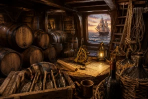 Natureza-morta em cabine de uma caravela das Grandes Navegações, com barris e garrafas de vinho, mapa náutico antigo, bússola, astrolábio, pergaminhos e lanterna iluminados pela luz dourada do entardecer, representando o planejamento das expedições marítimas e o transporte do vinho através dos oceanos.