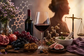 Taça de vinho tinto sobre mesa de madeira cercada por frutas ricas em antioxidantes, nozes, flores, almofariz com ervas e modelos moleculares, tendo ao fundo a silhueta desfocada de uma mulher madura e uma balança, representando o equilíbrio entre ciência, metabolismo, envelhecimento saudável e bem-estar