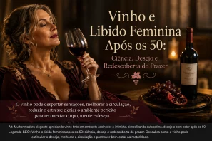 Mulher madura apreciando uma taça de vinho tinto em ambiente elegante e acolhedor, representando autoestima, bem-estar e a redescoberta do desejo feminino após os 50 anos.