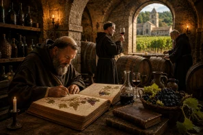 Monge medieval escrevendo um manuscrito ilustrado sobre viticultura em uma adega de pedra, cercado por barris de carvalho, livros antigos, uvas e uma garrafa de vinho, enquanto outros monges trabalham ao fundo com vista para um vinhedo e um mosteiro europeu, simbolizando a preservação do conhecimento e da tradição vinícola na Idade Média.