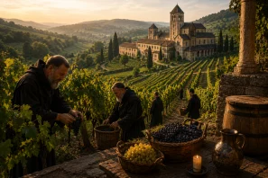 Mosteiro medieval europeu iluminado pela luz dourada do amanhecer, cercado por extensos vinhedos cultivados por monges, com fileiras de videiras, colinas suaves e arquitetura histórica em pedra, representando a profunda ligação entre a vida monástica e o desenvolvimento da viticultura europeia durante a Idade Média.