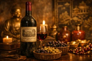 Garrafa de Château Lafite Rothschild com taça de vinho em primeiro plano, ao fundo elementos asiáticos dourados e vermelhos, simbolizando a febre asiática pelo vinho