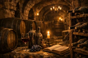 Adega antiga com barris e garrafas cobertas de pó, iluminada por vela, em ambiente silencioso e misterioso de envelhecimento do vinho. O Silêncio das Adegas Antigas: O Universo Invisível do Envelhecimento do Vinho