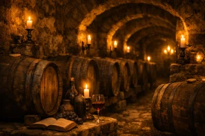 Adega antiga com barris de madeira sob arcos de pedra, iluminada por velas em castiçais de bronze, em ambiente silencioso e dourado de envelhecimento do vinho