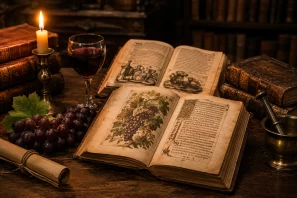 Manuscrito antigo sobre vinho e gastronomia aberto sobre uma mesa de madeira, acompanhado por uma taça de vinho tinto, cachos de uvas, pergaminhos e objetos históricos, representando a tradição da literatura enológica e gastronômica ao longo dos séculos