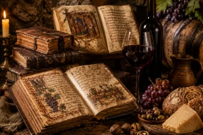 Mesa rústica com livros antigos e manuscritos iluminados, taça e garrafa de vinho, uvas, pão, queijo e vela acesa, evocando o ambiente histórico da escrita medieval sobre vinho e gastronomia.