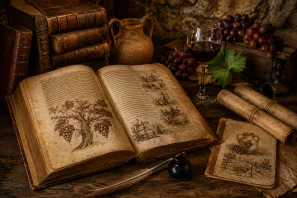 Antigo manuscrito ilustrado sobre vinho aberto sobre uma mesa de madeira, cercado por livros históricos, pergaminhos, pena de escrita, taça de vinho tinto, uvas e uma ânfora de cerâmica, representando a origem da literatura sobre vinho e gastronomia na Antiguidade