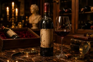 Garrafa antiga de vinho tinto com rótulo envelhecido ao lado de uma taça parcialmente servida, sobre uma mesa de mármore em uma elegante adega histórica. Ao redor, livros antigos, uma lupa, uma bússola e velas acesas criam uma atmosfera sofisticada e misteriosa, evocando raridades, colecionismo e a história dos vinhos mais valiosos do mundo. Os Vinhos Mais Caros da História e as Curiosas Histórias por Trás Deles