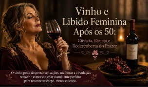 Mulher madura apreciando uma taça de vinho tinto em ambiente elegante e acolhedor, representando autoestima, bem-estar e a redescoberta do desejo feminino após os 50 anos.